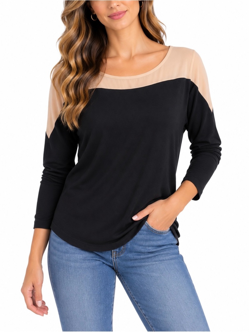 THEME Women’s Black Beige Colorblock Sheer Yoke Sweater Top Size L
